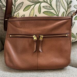Fossil Cognac Pebbled Leather Crossbody with Dual Zip Pockets
